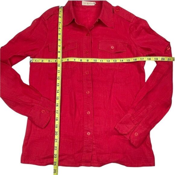 Tory Burch Linen Button Up Roll Tab Sleeve Shirt Carnival Red - Picture 8 of 9